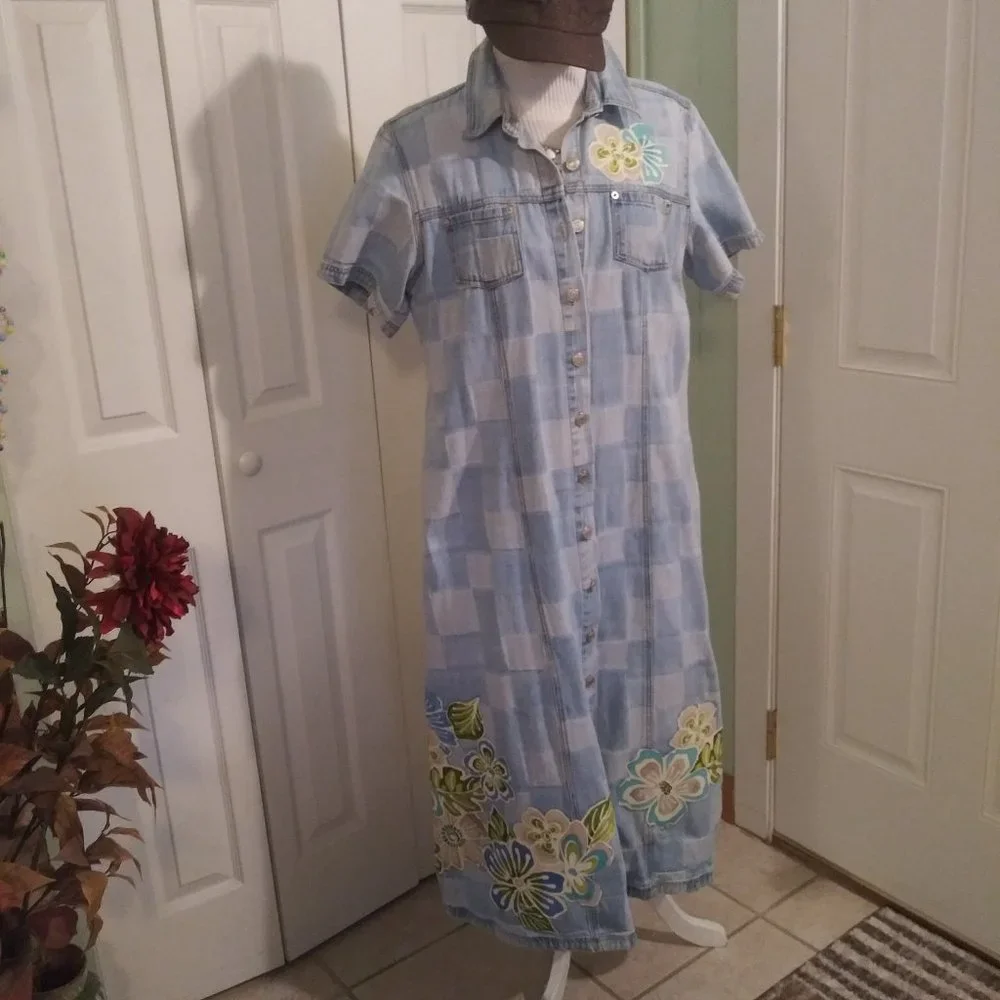 2442 Jeaniemade Size 16 (XL) Baccini Upcycled Jean Dress - Picture 1 of 11